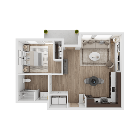 a stylized floor plan with a bedroom and a living room